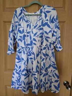 Sonoma Blue & White Floral Dress | Size Large | Pockets | Fully Lined | NWOT